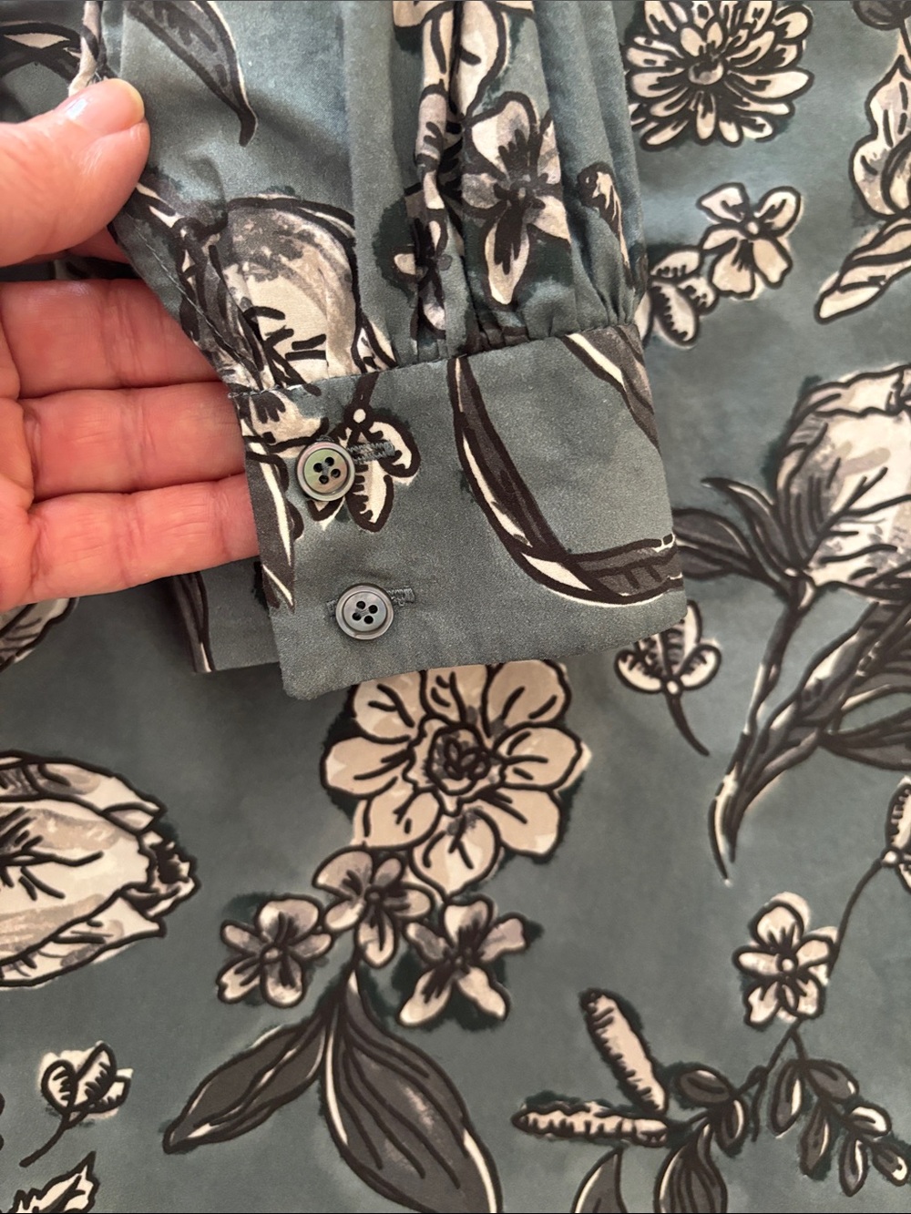 MaxMara Slate Green Floral Puff-Sleeve Blouse -Sz 6 - Picture 4 of 6